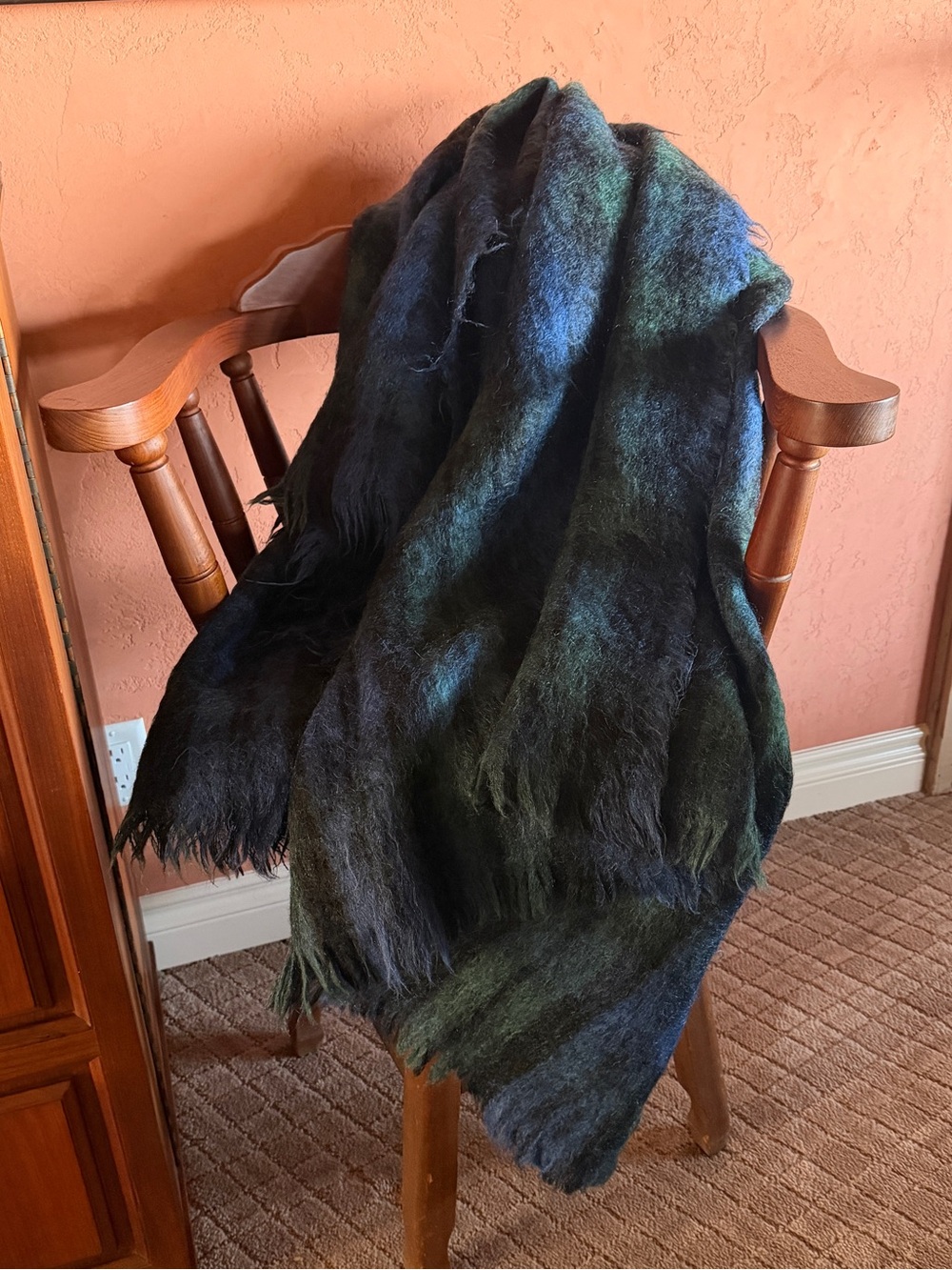 Vintage Hudsons Bay Scotland Mohair Plaid Throw Blanket Blue Green Black